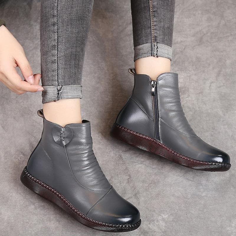 Bottes en cuir pour femme - Détail froncé - Fermeture zippée - Talon bas confortable