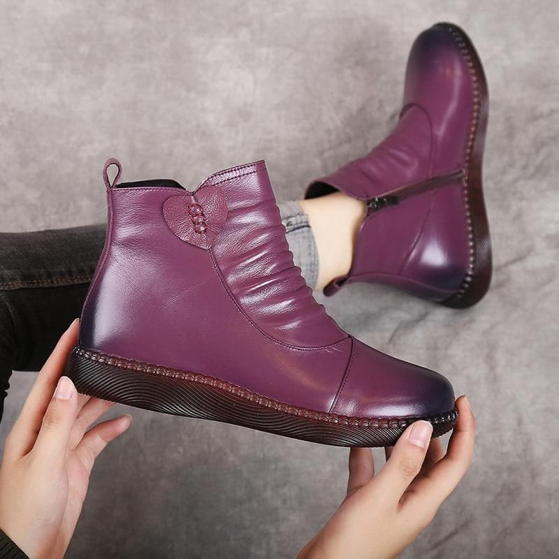 Bottes en cuir pour femme - Détail froncé - Fermeture zippée - Talon bas confortable