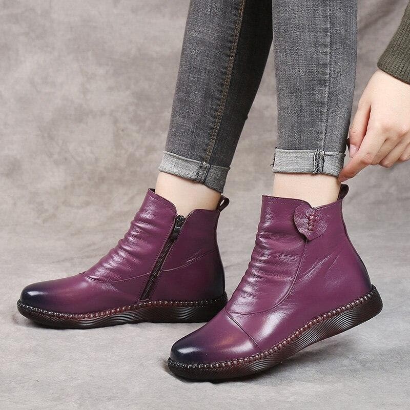 Bottes en cuir pour femme - Détail froncé - Fermeture zippée - Talon bas confortable
