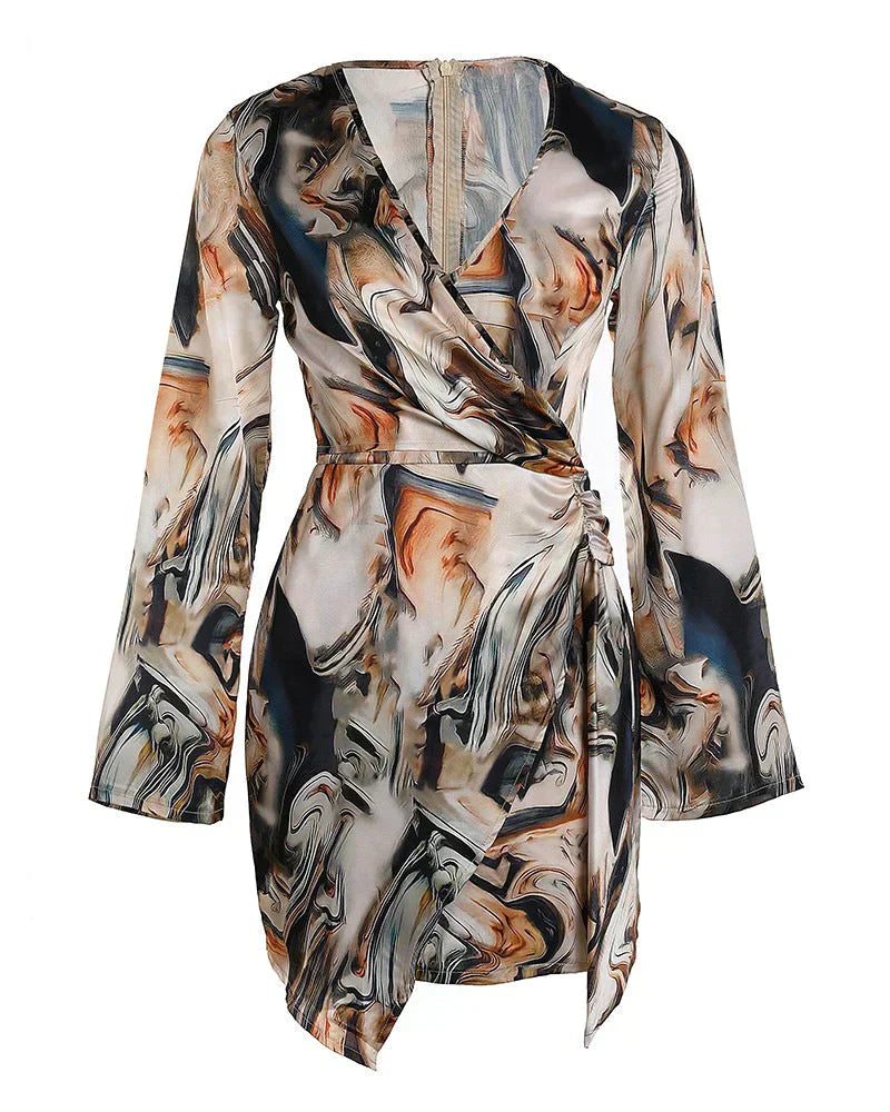Robe Portefeuille Femme - Manches Longues - Encolure V - Coupe Ajustable - Imprimé Moderne