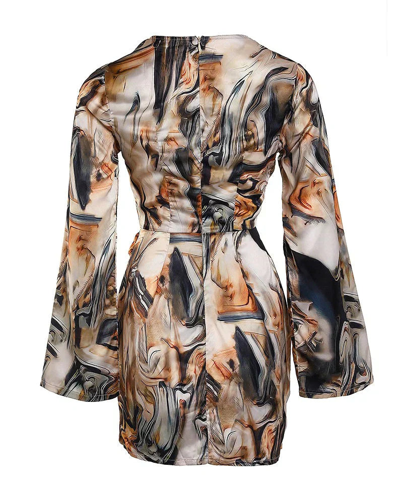 Robe Portefeuille Femme - Manches Longues - Encolure V - Coupe Ajustable - Imprimé Moderne