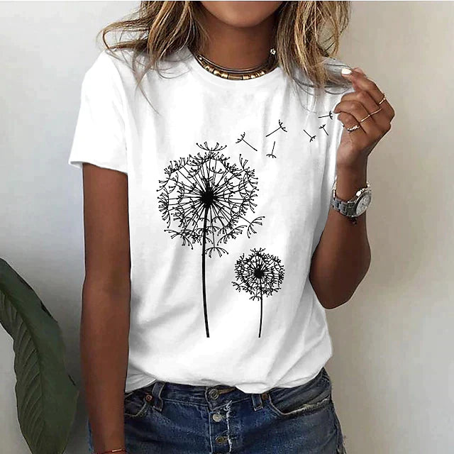 T-shirt Femme - Col Rond - Manches Courtes - Coupe Confort - Motif Pissenlit Graphique