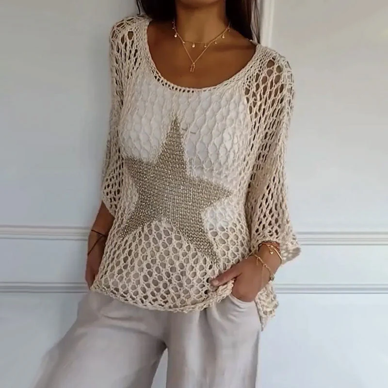 Top court femme – maille ajourée – coupe ample – manches 3/4 – col rond étoile