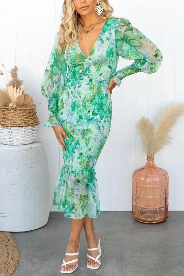 Robe Midi Femme - Imprimé Fleuri - Décolleté V Plongeant - Manches Longues Bouffantes