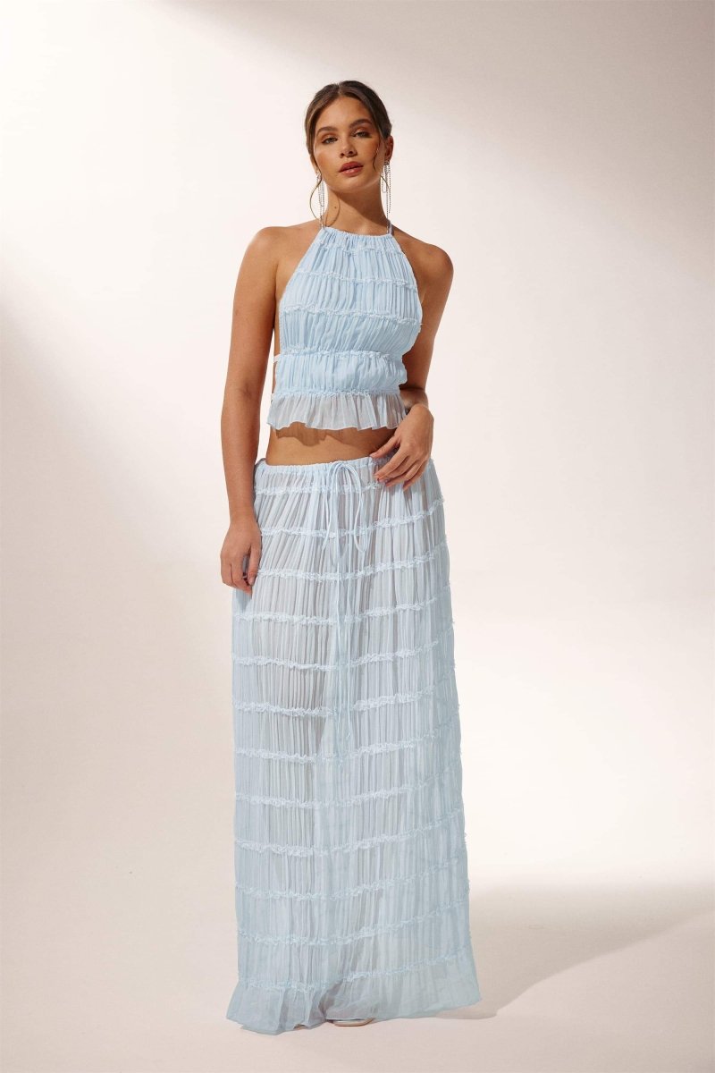 Ensemble femme top dos nu plissé – haut court col halter + jupe longue évasée