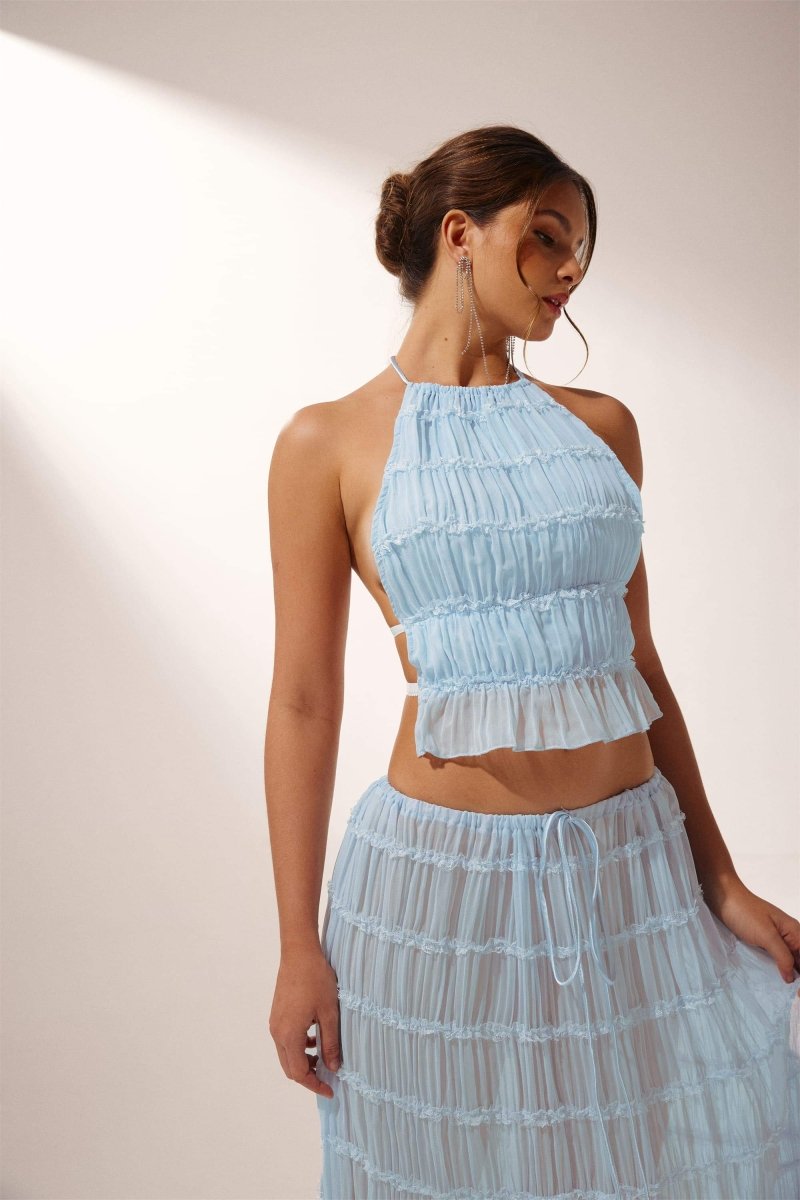Ensemble femme top dos nu plissé – haut court col halter + jupe longue évasée