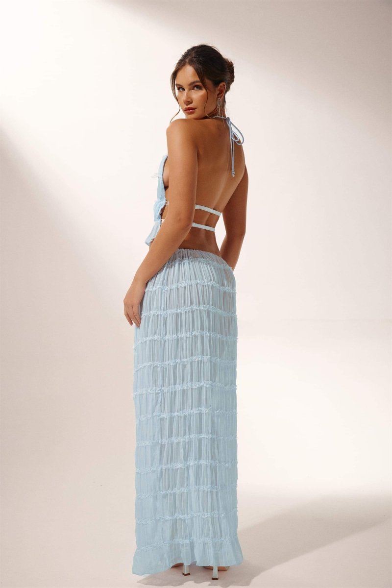 Ensemble femme top dos nu plissé – haut court col halter + jupe longue évasée