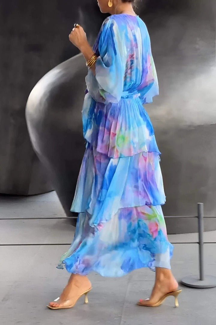 Robe longue femme – Style portefeuille – Mousseline légère – Manches bouffantes – Volants élégants