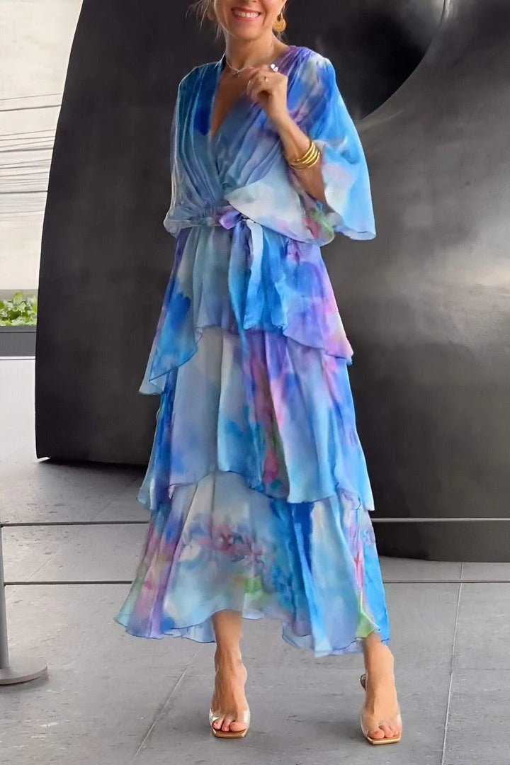 Robe longue femme – Style portefeuille – Mousseline légère – Manches bouffantes – Volants élégants