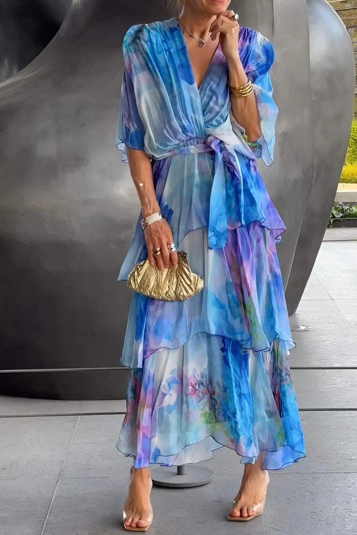 Robe longue femme – Style portefeuille – Mousseline légère – Manches bouffantes – Volants élégants