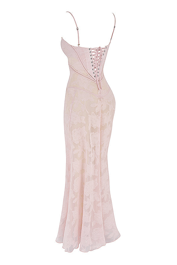 Robe Maxi Femme – Dentelle Brodée – Décolleté Cœur – Bretelles Fines Élégantes