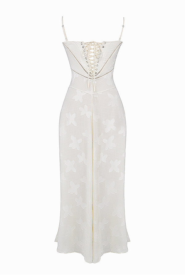 Robe Maxi Femme – Dentelle Brodée – Décolleté Cœur – Bretelles Fines Élégantes