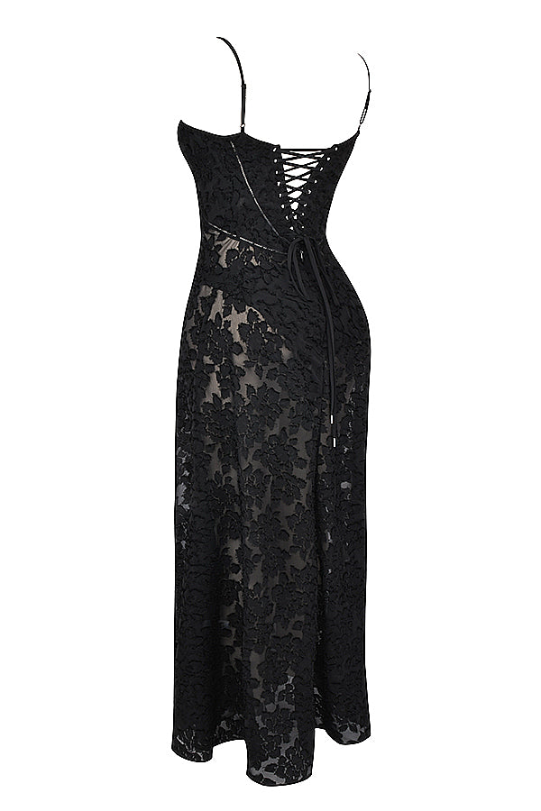 Robe Maxi Femme – Dentelle Brodée – Décolleté Cœur – Bretelles Fines Élégantes