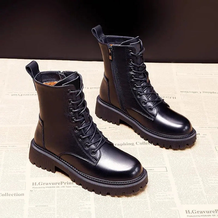 Bottes montantes femme – cuir lisse – doublure fourrure – fermeture lacets et zip