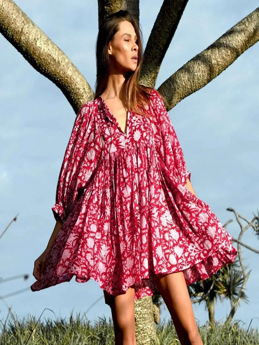 Robe Longue Femme - Fluide et Légère - Manches Bouffantes - Imprimé Fleuri Boho