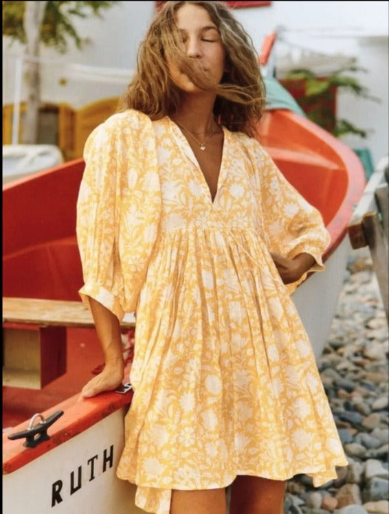 Robe Longue Femme - Fluide et Légère - Manches Bouffantes - Imprimé Fleuri Boho