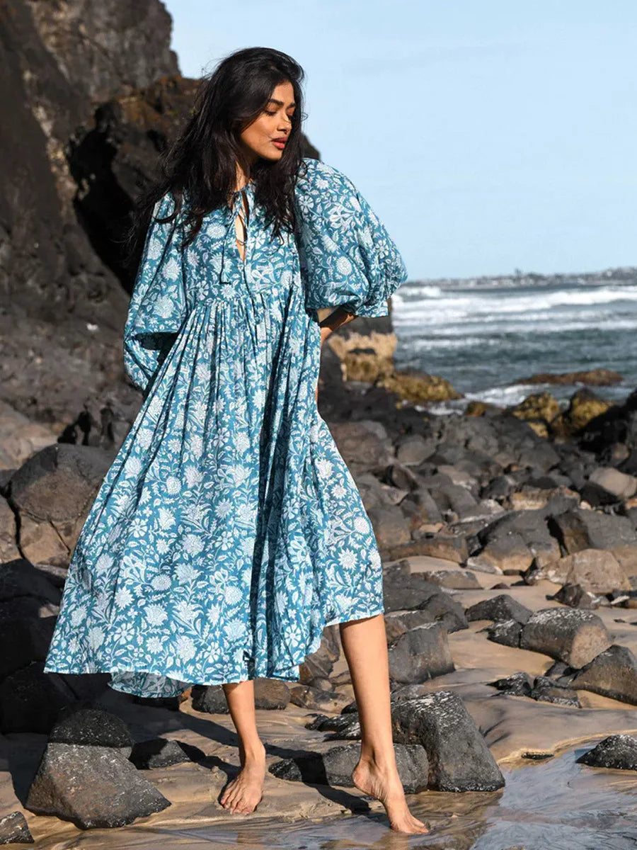 Robe Longue Femme - Fluide et Légère - Manches Bouffantes - Imprimé Fleuri Boho