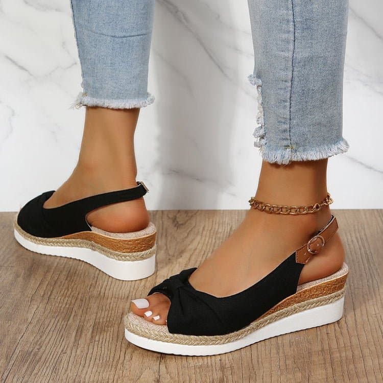 Sandales Compensées Femme – Bout Ouvert – Lanière Réglable – Style Tressé Confortable