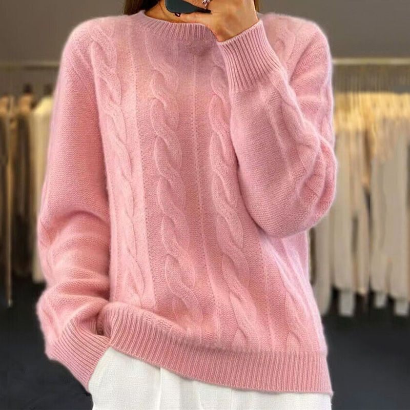 Pull femme – Coupe décontractée – Laine douce – Maille torsadée – Finitions côtelées