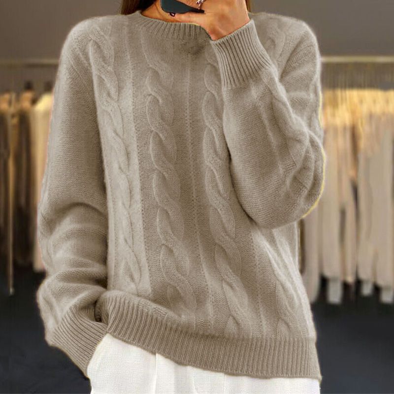 Pull femme – Coupe décontractée – Laine douce – Maille torsadée – Finitions côtelées