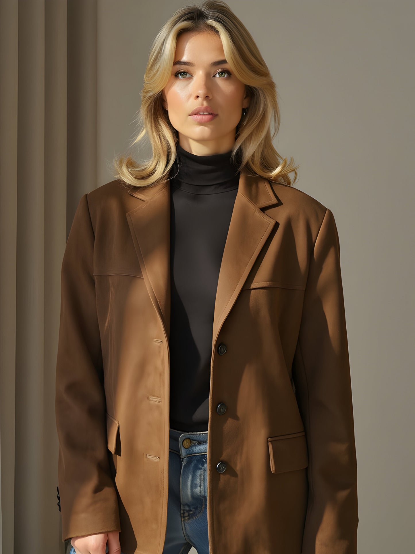 Veste femme – Coupe cintrée – Tissu doux aspect luxe – Col à revers – Longueur hanches