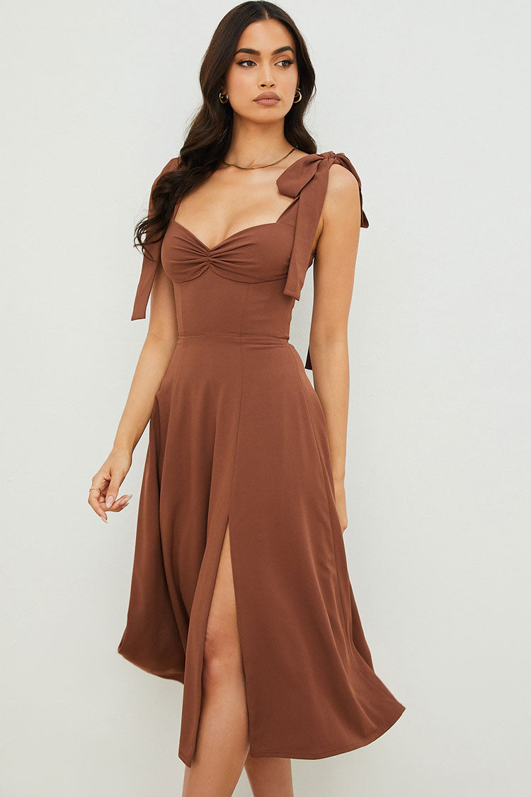Robe femme midi – Coupe évasée – Tissu fluide – Fente haute – Bretelles à nouer