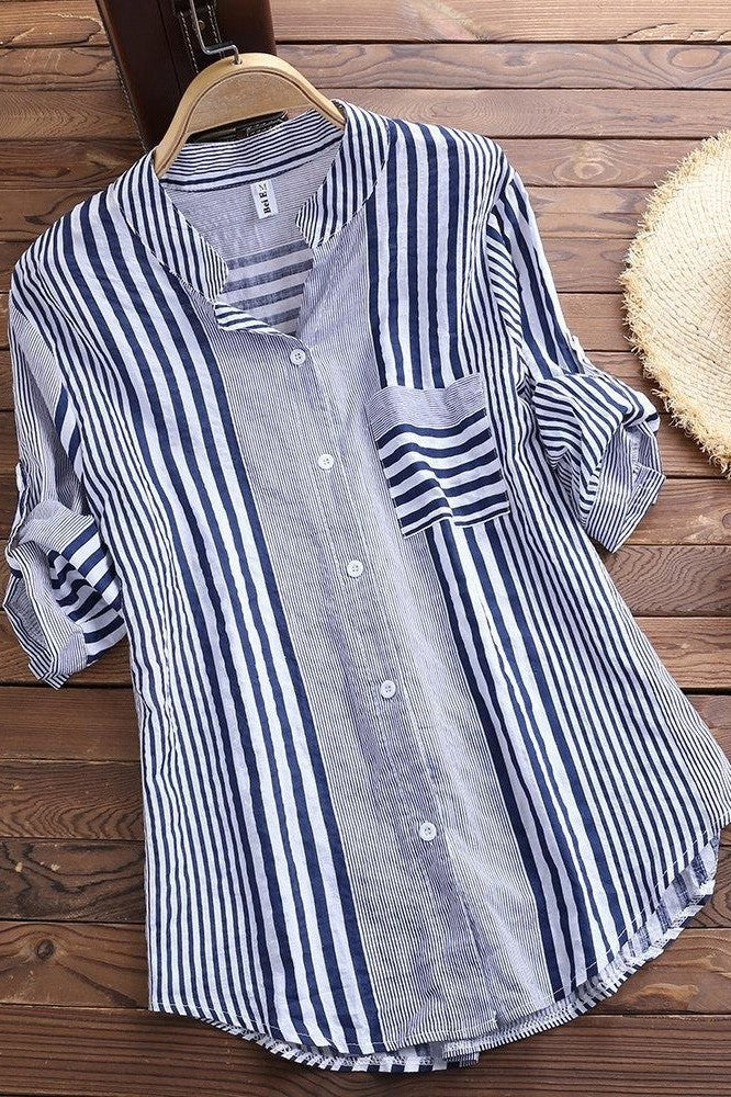 Blouse femme – Coupe ample – Rayée – Col montant – Manches 3/4 – Tissu respirant