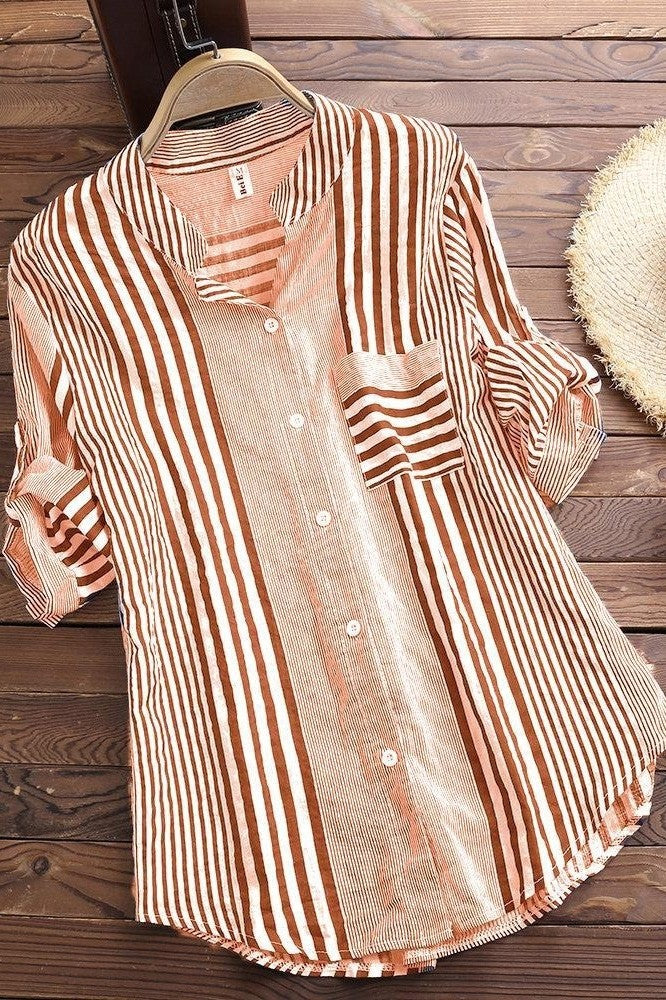 Blouse femme – Coupe ample – Rayée – Col montant – Manches 3/4 – Tissu respirant