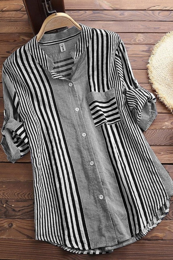 Blouse femme – Coupe ample – Rayée – Col montant – Manches 3/4 – Tissu respirant