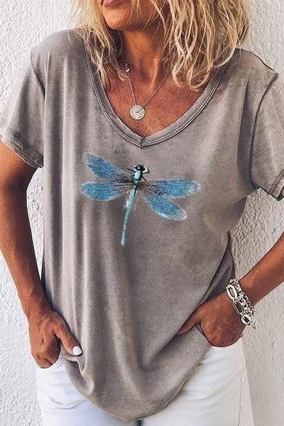 T-shirt femme col V – Coupe décontractée – Manches courtes – Motif libellule