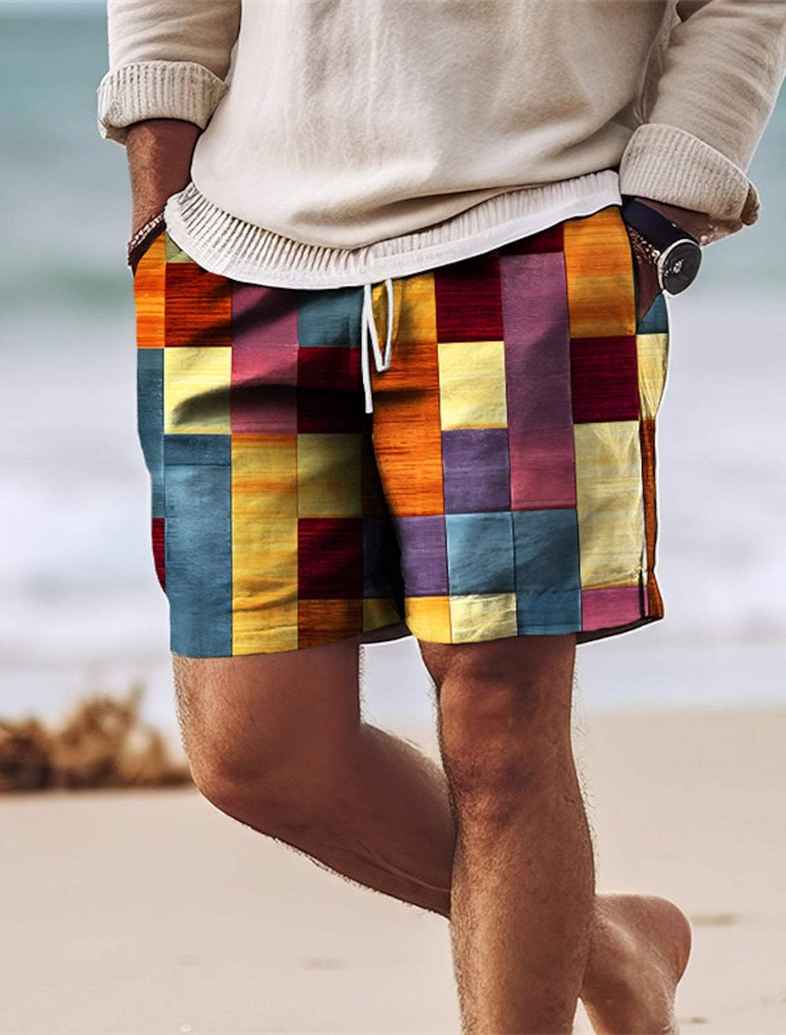 Short Homme - Coupe Décontractée - Motif Patchwork - Taille Cordon Ajustable
