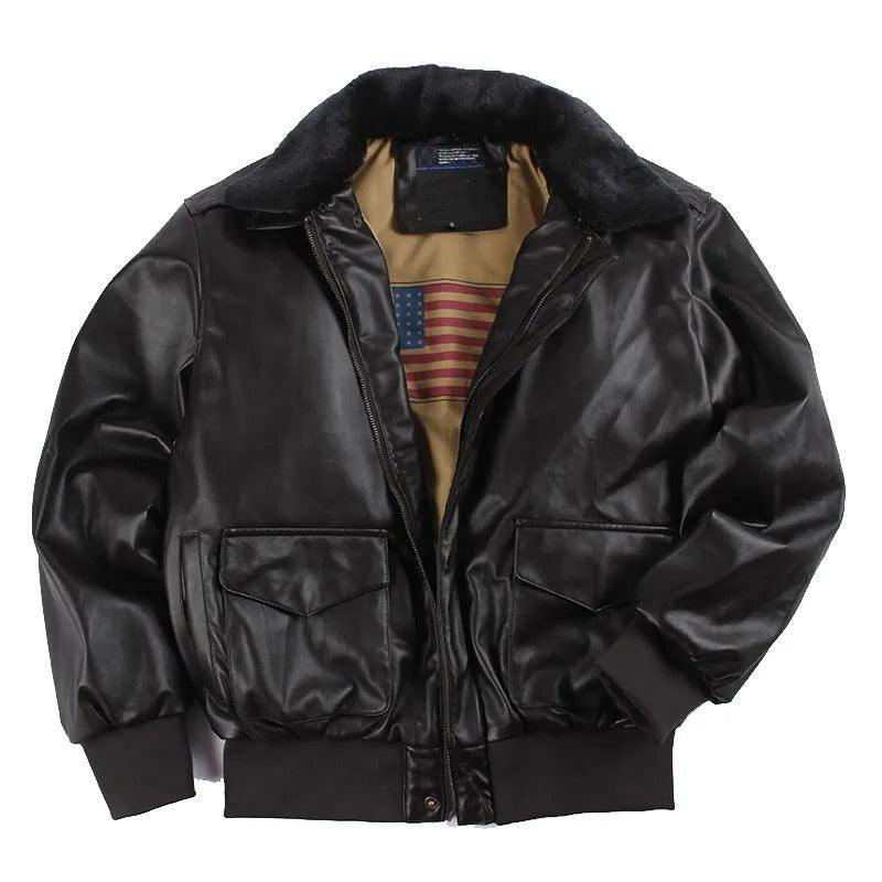 Blouson en cuir homme – Coupe régulière – Style vintage – Poignets côtelés – Zip frontal