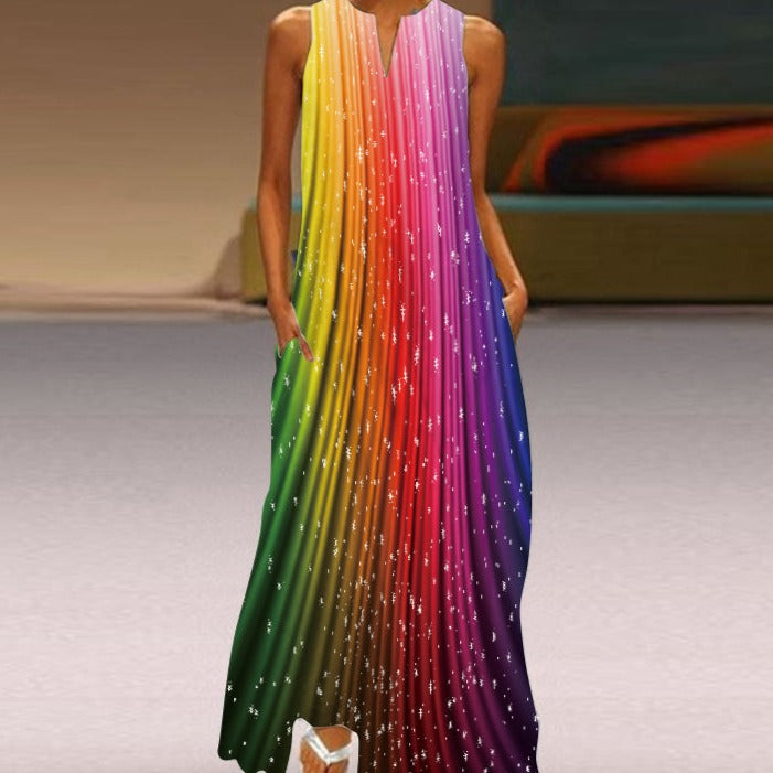 Robe Longue Femme - Sans Manches - Col Fendu - Motif Papillon - Élégante et Fluide