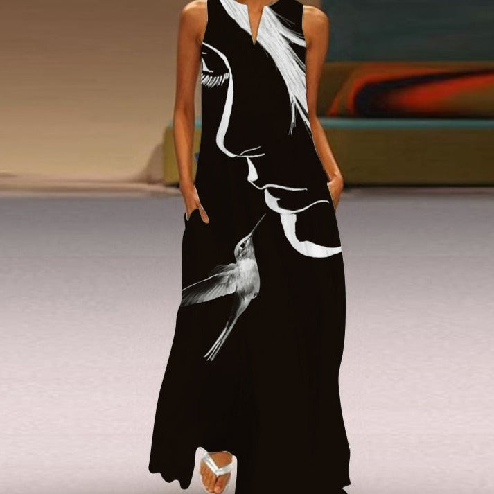 Robe Longue Femme - Sans Manches - Col Fendu - Motif Papillon - Élégante et Fluide