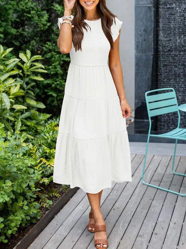 Robe Midi Femme - Corsage Smocké - Manches Courtes Volantées - Tissu Léger et Fluide