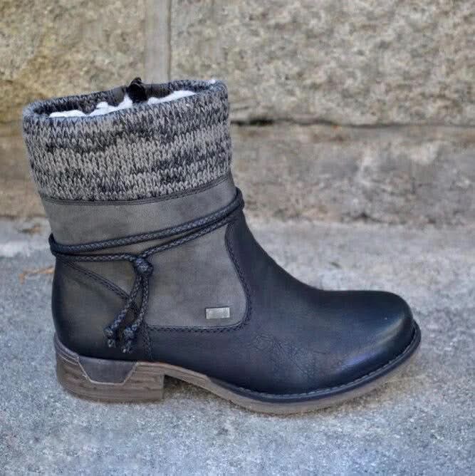 Bottes Femme - Cuir Élégant - Talon Bas Confortable - Détail Tricoté Mode