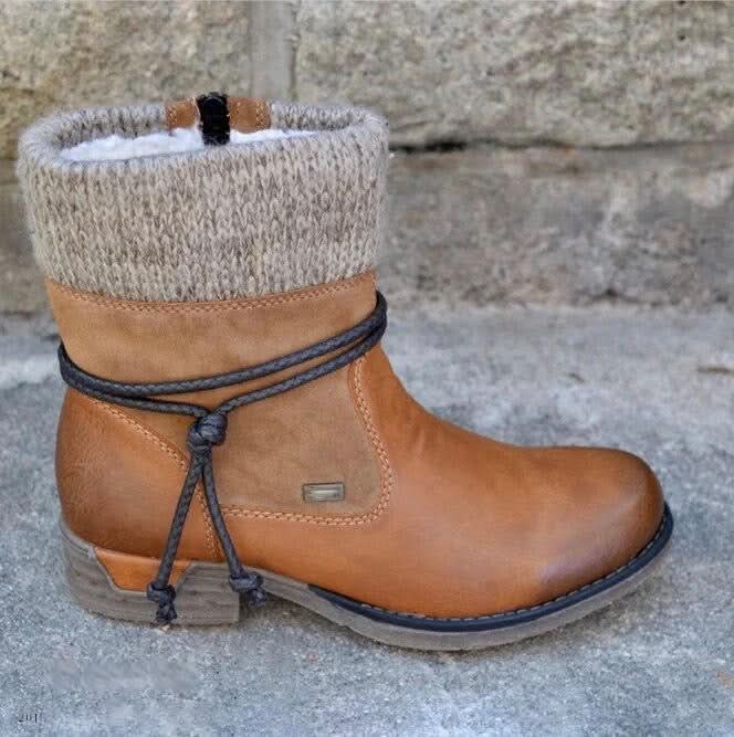 Bottes Femme - Cuir Élégant - Talon Bas Confortable - Détail Tricoté Mode