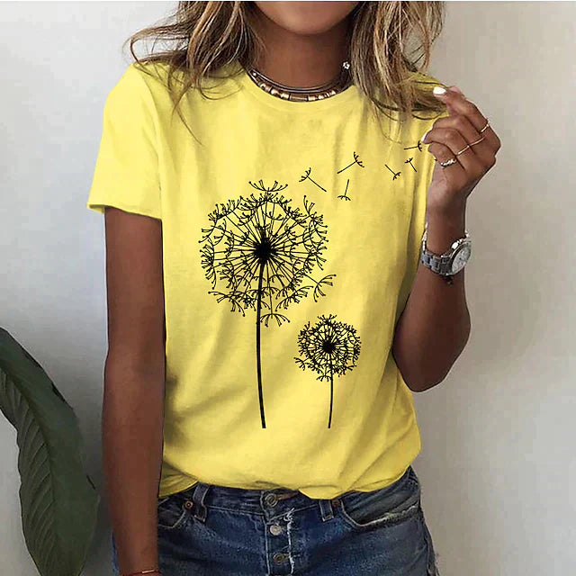 T-shirt Femme - Col Rond - Manches Courtes - Coupe Confort - Motif Pissenlit Graphique