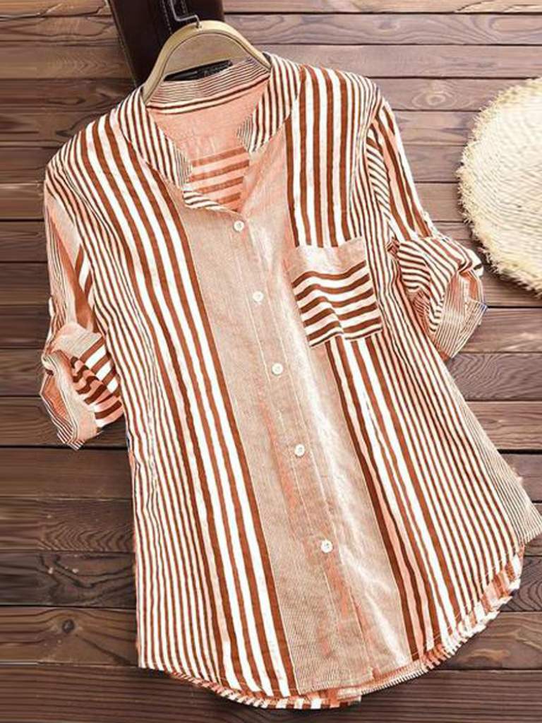Blouse femme – Coupe ample – Tissu respirant – Rayures – Manches longues – Poche poitrine