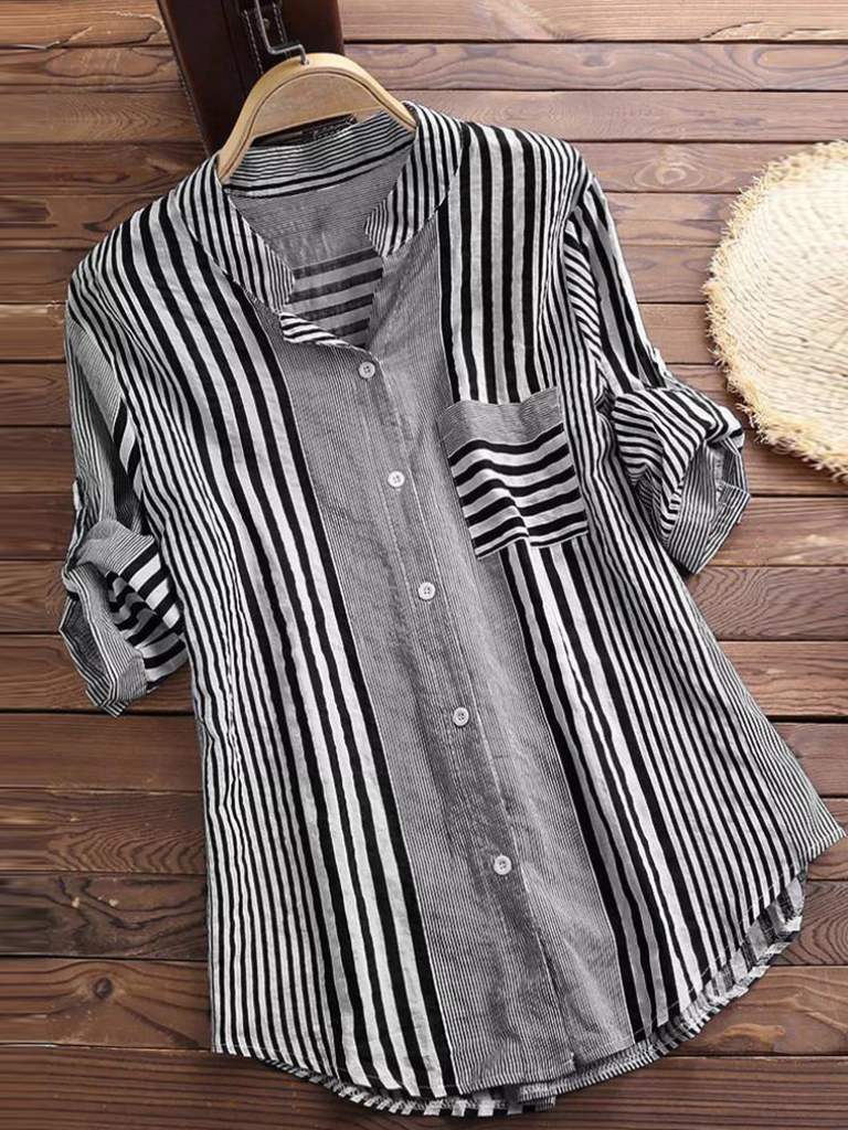 Blouse femme – Coupe ample – Tissu respirant – Rayures – Manches longues – Poche poitrine