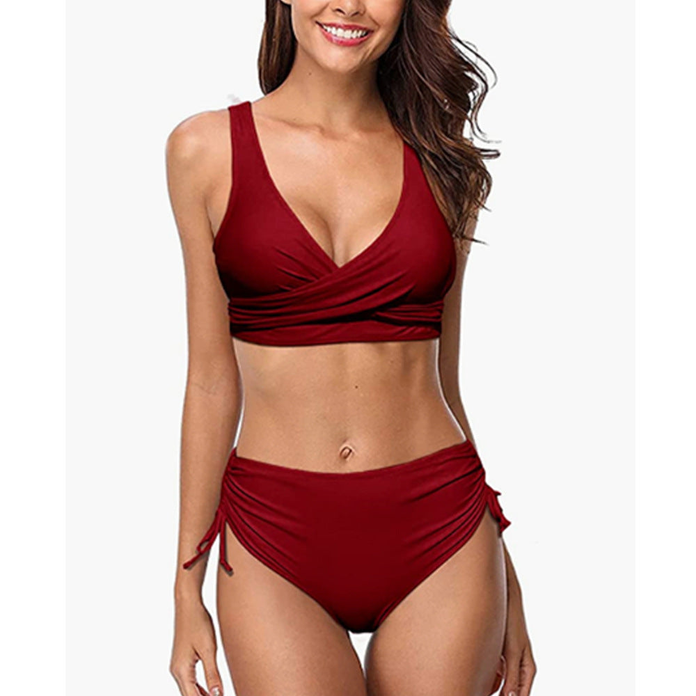 Bikini femme – Haut cache-cœur col V – Taille haute – Coupe gainante respirante