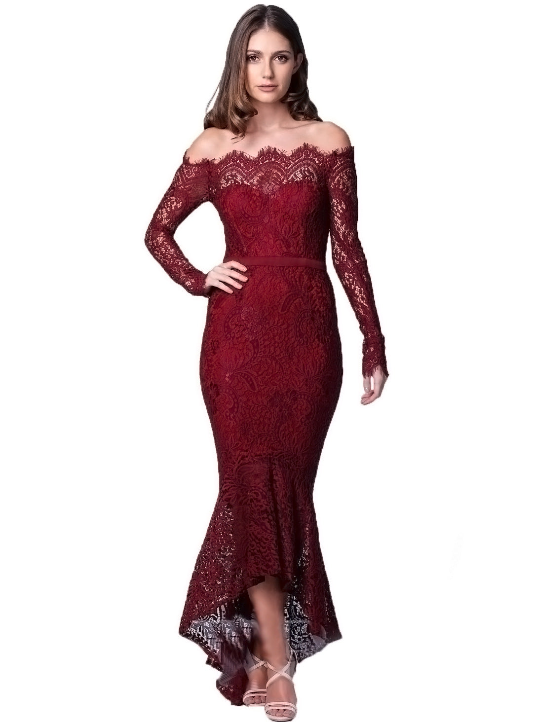 Elégante robe de soirée à manches longues en dentelle avec ourlet plongeant pour femmes