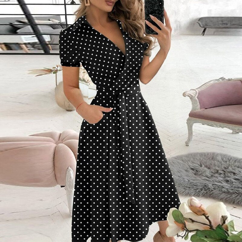 Robe Femme - Épaules Dénudées - Manches Mi-Longues - Taille Ceinturée - Coupe Midi Fluide