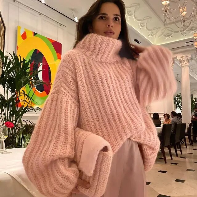 Pull femme col roulé – Coupe oversize – Maille épaisse – Laine douce – Côtelé