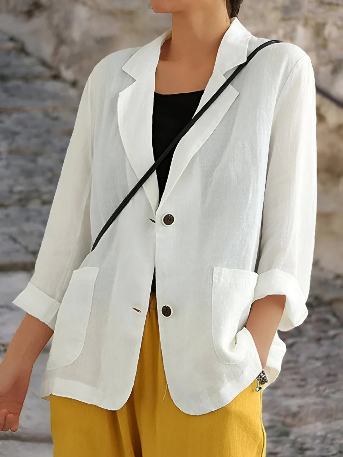 Veste femme – Coupe décontractée – Fibres naturelles – Manches 3/4 – Poches plaquées