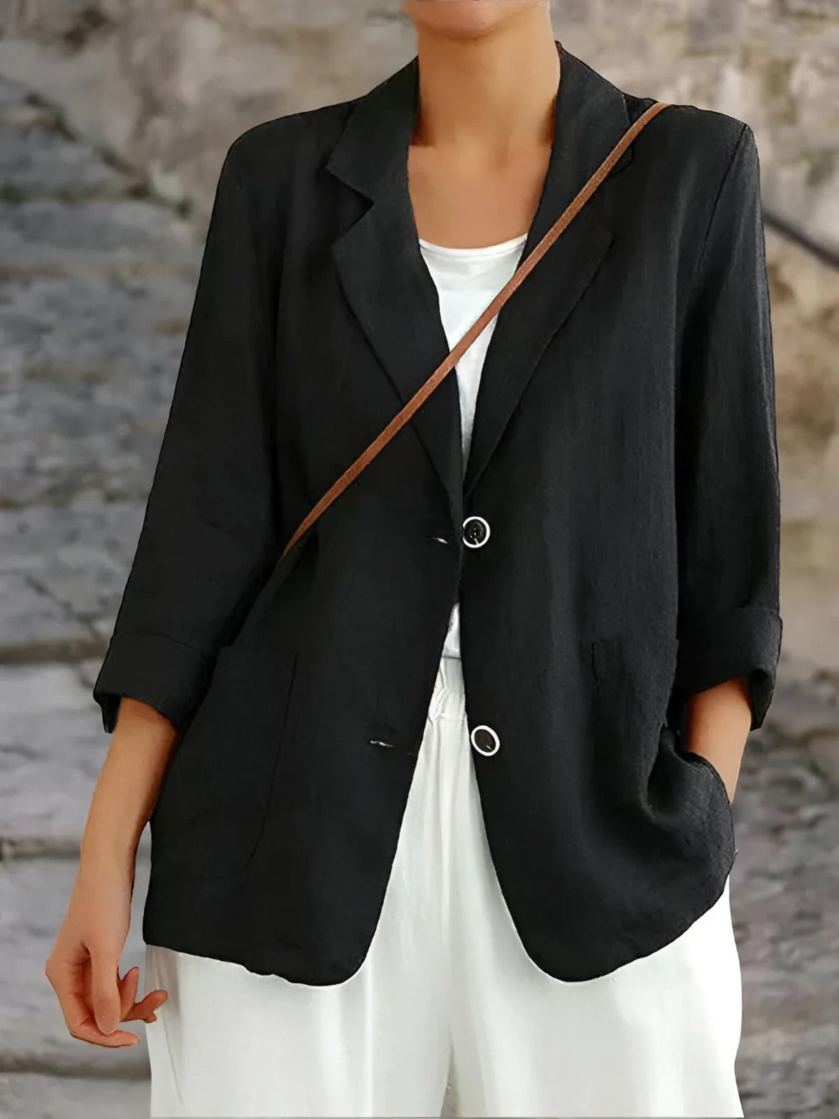 Veste femme – Coupe décontractée – Fibres naturelles – Manches 3/4 – Poches plaquées