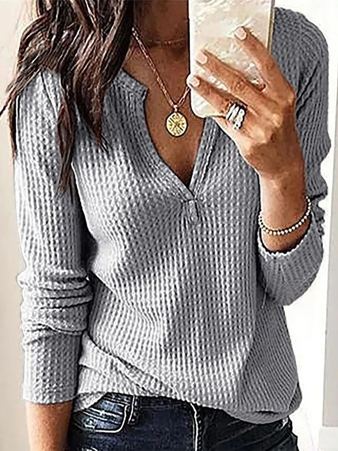 Sweat-shirt femme – Maille gaufrée douce – Coupe décontractée – Col V manches longues