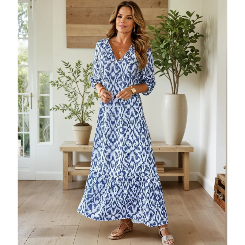 Robe longue femme – Coupe fluide – Décolleté V – Manches courtes – Détail bohème