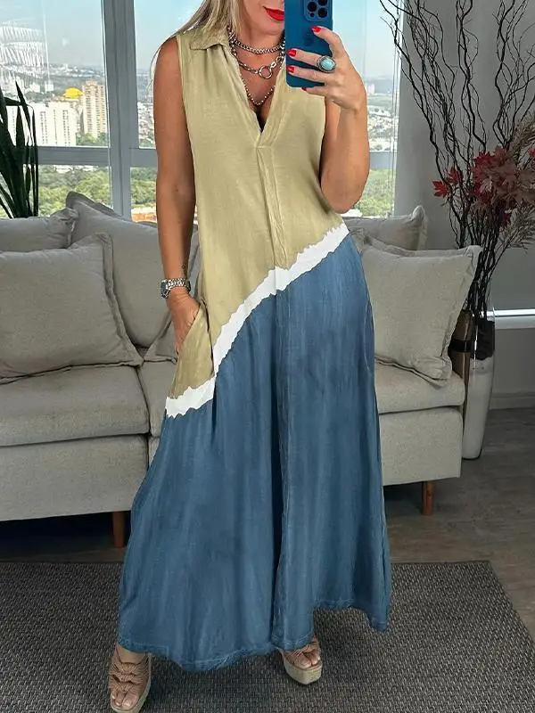 Robe Longue Femme - Sans Manches - Col Chemise - Coupe Fluide avec Poches