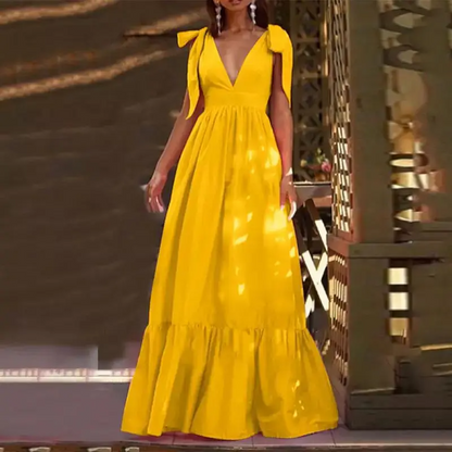 Robe Femme Longue – Décolleté Plongeant – Bretelles à Nouer – Taille Empire – Ourlet Volanté